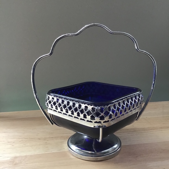 Chrome Plated Condiment Dish with Cobalt Blue Insert - Picture 2 of 2